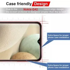 Case-friendly tempered glass screen protector designed for Nokia G42, leaving extra space around the edges to ensure compatibility with phone cases.