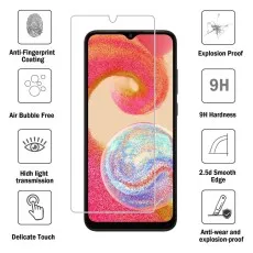 Samsung Galaxy F04 tempered glass screen protector with 9H hardness, anti-fingerprint coating, explosion-proof, and smooth edges for high durability and clear display.