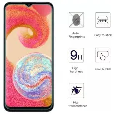 Samsung Galaxy M04 with a screen protector, featuring anti-fingerprint, 9H hardness, and zero bubbles.