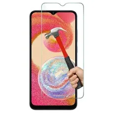 Samsung Galaxy M04 with a tempered glass screen protector resisting impact from a hammer.