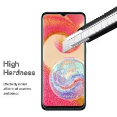 Samsung Galaxy M04 with high-hardness tempered glass screen protector resisting scratches.