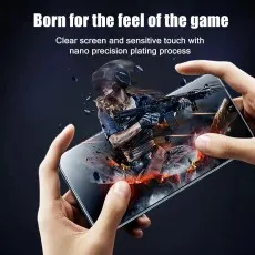 Hands holding a phone with a gaming screen protector and 3D soldier effect