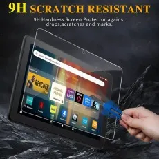 Amazon Fire HD 8 (12th Gen, 2024) tablet displaying a scratch-resistant 9H tempered glass screen protector designed to guard against drops, scratches, and marks