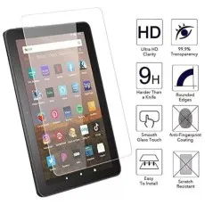 Amazon Fire HD 8 (12th Gen, 2024) tempered glass screen protector showcasing features like 9H hardness, ultra-HD clarity, anti-fingerprint coating, and easy installation