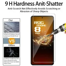 Asus ROG Phone 8 Pro with a 9H hardness tempered glass screen protector, demonstrating anti-shatter and anti-scratch features.