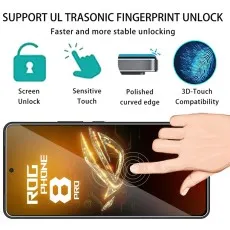 Asus ROG Phone 8 Pro with a fingerprint-compatible tempered glass screen protector, supporting ultrasonic unlock and 3D-Touch.