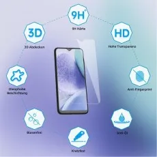 Feature overview of a durable 9H glass screen protector for Vivo Y20 2021 , highlighting scratch resistance, water and oil repellency, and high transparency.