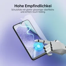 High-sensitivity screen protector for Vivo Y20 2021 showing a robotic finger interacting with the smooth glass surface, ensuring an authentic touch experience.