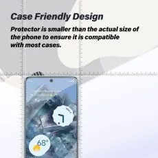 Google Pixel 8 Pro screen protector with a case-friendly design, slightly smaller than the phone to ensure compatibility with cases.