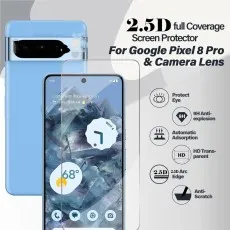 Google Pixel 8 Pro screen and camera lens protector with 2.5D full coverage, 9H hardness, anti-scratch, and HD transparency.