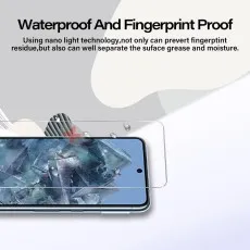 Google Pixel 8 Pro screen protector with waterproof and fingerprint-proof nano coating, repelling moisture and grease.