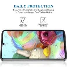 Daily protection screen protector for Samsung Galaxy A71, featuring a hydrophobic and oleophobic coating for water and oil resistance.