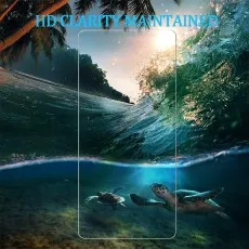 Screen protector ad showing clear underwater view of sea turtles, maintaining HD clarity.