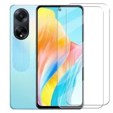 Two clear screen protectors next to a light blue Oppo F23 phone with a colorful, flowing wallpaper.