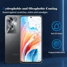 Oppo F25 Pro with hydrophobic and oleophobic coating, guarding against scratches, stains, and smudges. Water droplets bead on the screen.