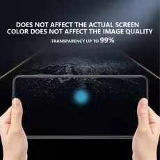 Hands holding a screen protector over a phone. Text highlights 99% transparency