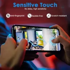 Sensitive touch screen protector shown during mobile gaming. Anti-fingerprint, bubble-free, scratch-resistant