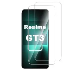 Realme GT5 with two screen protectors. The phone's screen displays Realme GT3.