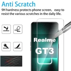 Realme GT5 screen protector shown on a GT3. Anti-scratch 9H protection.