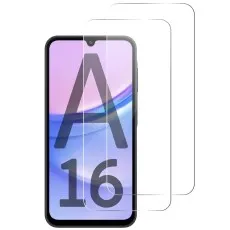 Two screen protectors next to a Samsung Galaxy A16 phone