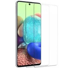 Two clear screen protectors are positioned beside a Samsung Galaxy A71 5G smartphone