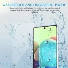 Samsung Galaxy A71 5G UW (likely) with a waterproof and fingerprint-proof screen protector, surrounded by water splashes and droplets.