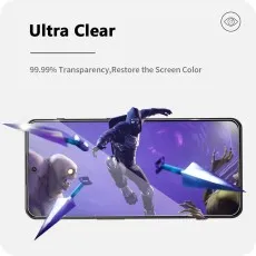Ultra-clear screen protector for OnePlus Nord 3 with 99.99% transparency. Phone shows a vibrant action game.