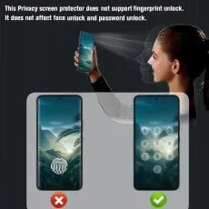 Privacy screen protector does not support fingerprint unlock (red X), but works with face and password unlock (green check). Woman using face unlock