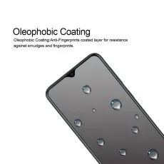 Close-up of a smartphone screen protector with water droplets, highlighting its oleophobic coating