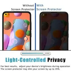 Comparison without vs. with protector, showing adjustable privacy via brightness.