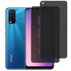 Vivo Y50 with a privacy screen protector being applied and a spare one next to it.