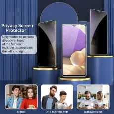 Privacy screen protector visible only head-on, dark from sides. Examples at rest, business, with girlfriend.