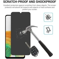 SCRATCH-PROOF AND SHOCKPROOF. Hammer hitting screen protector, keys near. Protects against scratches and drops