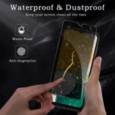 Applying waterproof, anti-fingerprint screen protector. Droplets and icons highlight features. Waterproof & Dustproof