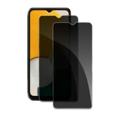 Two tempered glass protectors displayed in front of a Nokia C110 smartphone..