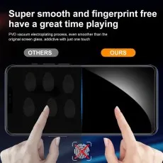 Comparison showing a screen with fingerprint smudges labeled OTHERS and a clean screen labeled OURS being touched by fingers