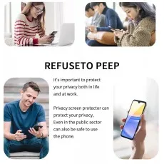 Collage promoting REFUSE TO PEEP privacy screen protectors. People using phones in public and private