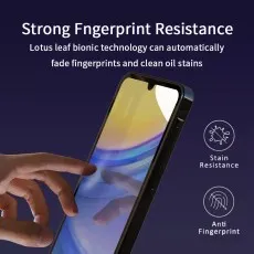 Finger touching a phone screen with text Strong Fingerprint Resistance. Icons for stain and fingerprint resistance