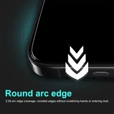 Close-up of a phone screen protector with a Round arc edge. Arrows indicate edge curvature.