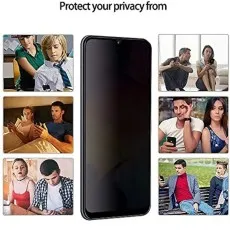 Protect your privacy from peeping. Collage shows people looking at others' phones. Dark privacy screen in center