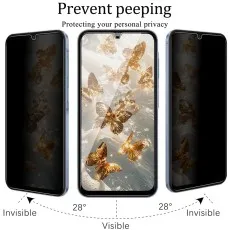 Privacy screen visible straight on, dark from sides (28°), protecting a phone with golden butterflies