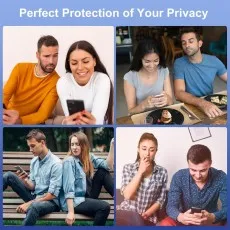 Privacy screen protector ad showing people using their phones without nearby individuals being able to see their screens