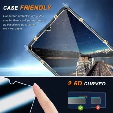 Case-friendly, 2.5D curved screen protector fitting a phone with a lakemountain view. Smaller design for case compatibility