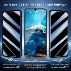 Privacy screen visible center, dark beyond 28°, protecting a shark wallpaper phone with high definition