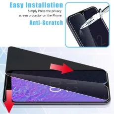 Easy installation, anti-scratch privacy screen protector being applied to a phone. Top image shows scratch resistance with a knife