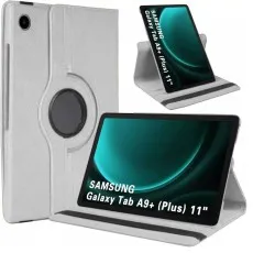 Grey 360° rotating leather case for Galaxy Tab A9 Plus 11 used as a flip stand in both portrait and landscape modes