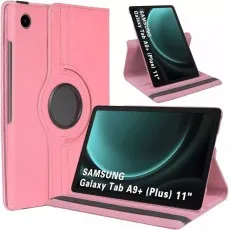 Pink 360° rotating leather case for Samsung Galaxy Tab A9 Plus 11-inch, shown in stand and closed positions with camera cutout