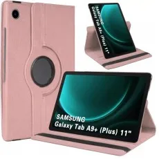 Rose 360° rotating leather case for Samsung Galaxy Tab A9 Plus 11 shown in both landscape and portrait stand positions