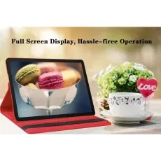 Samsung Galaxy Tab A9 Plus 11-Inch 2023 in a red 360° rotating leather case, propped up in landscape mode as a stand, with a cup, flowers, and macarons in the background