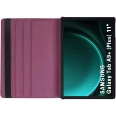 Open purple 360° rotating leather case with Samsung Galaxy Tab A9 Plus 11-inch, showing interior lining and elastic band